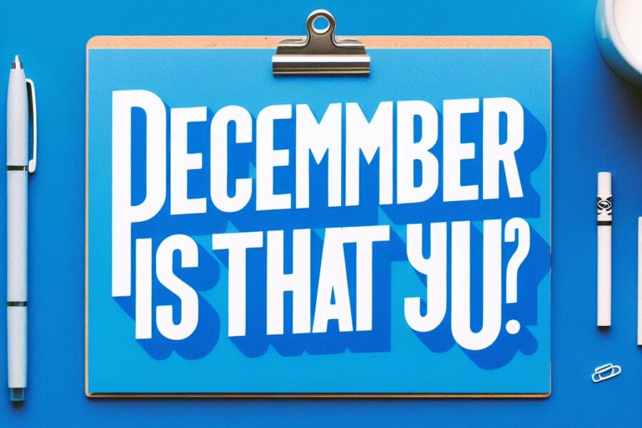 December is that you? text on blue background