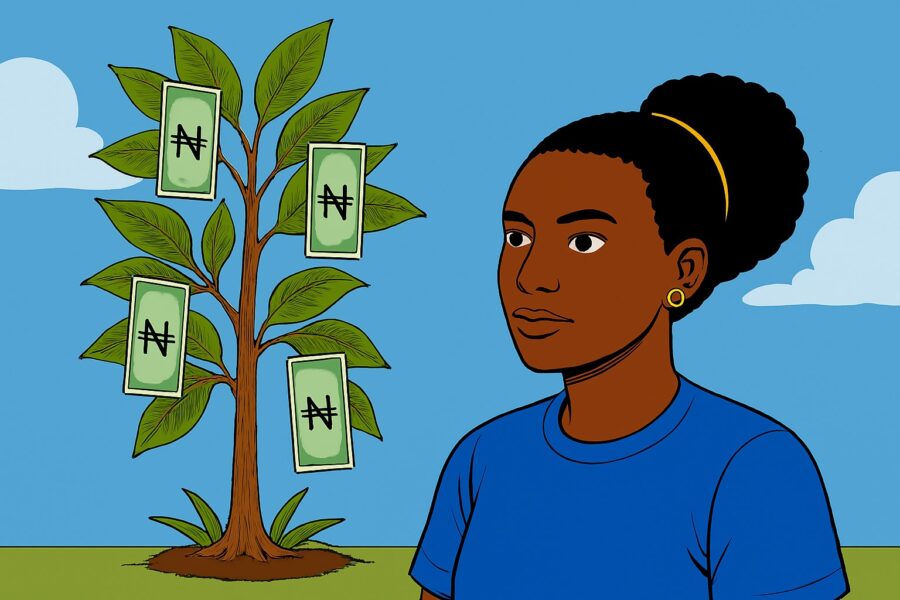 Money growing on tree with girl standing next to it